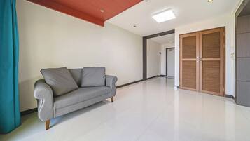 Un salon moderne avec un canapé gris, un plancher en bois et une porte en bois dotée de panneaux à persiennes.