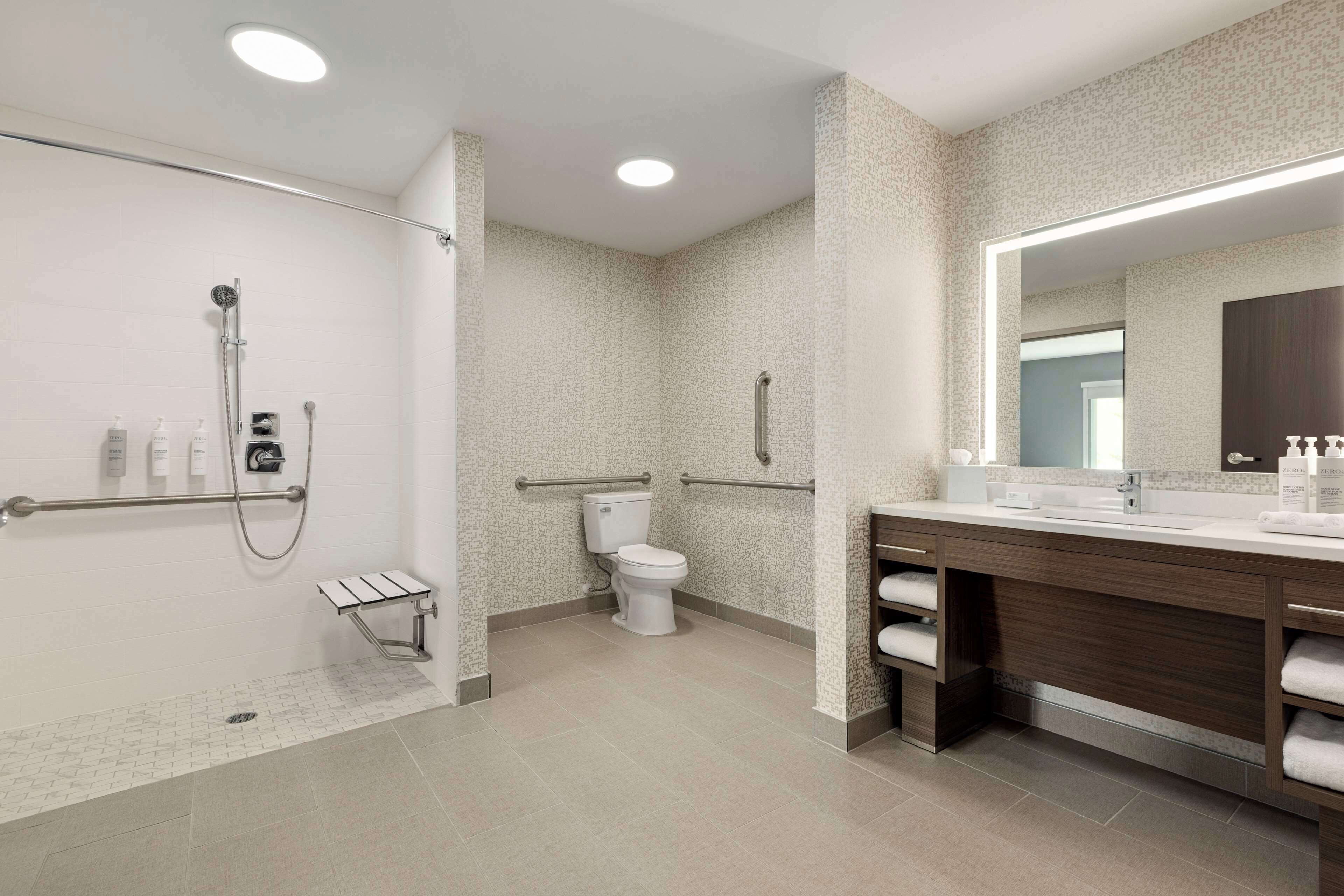 A modern bathroom with a shower, toilet, and vanity with a mirror.