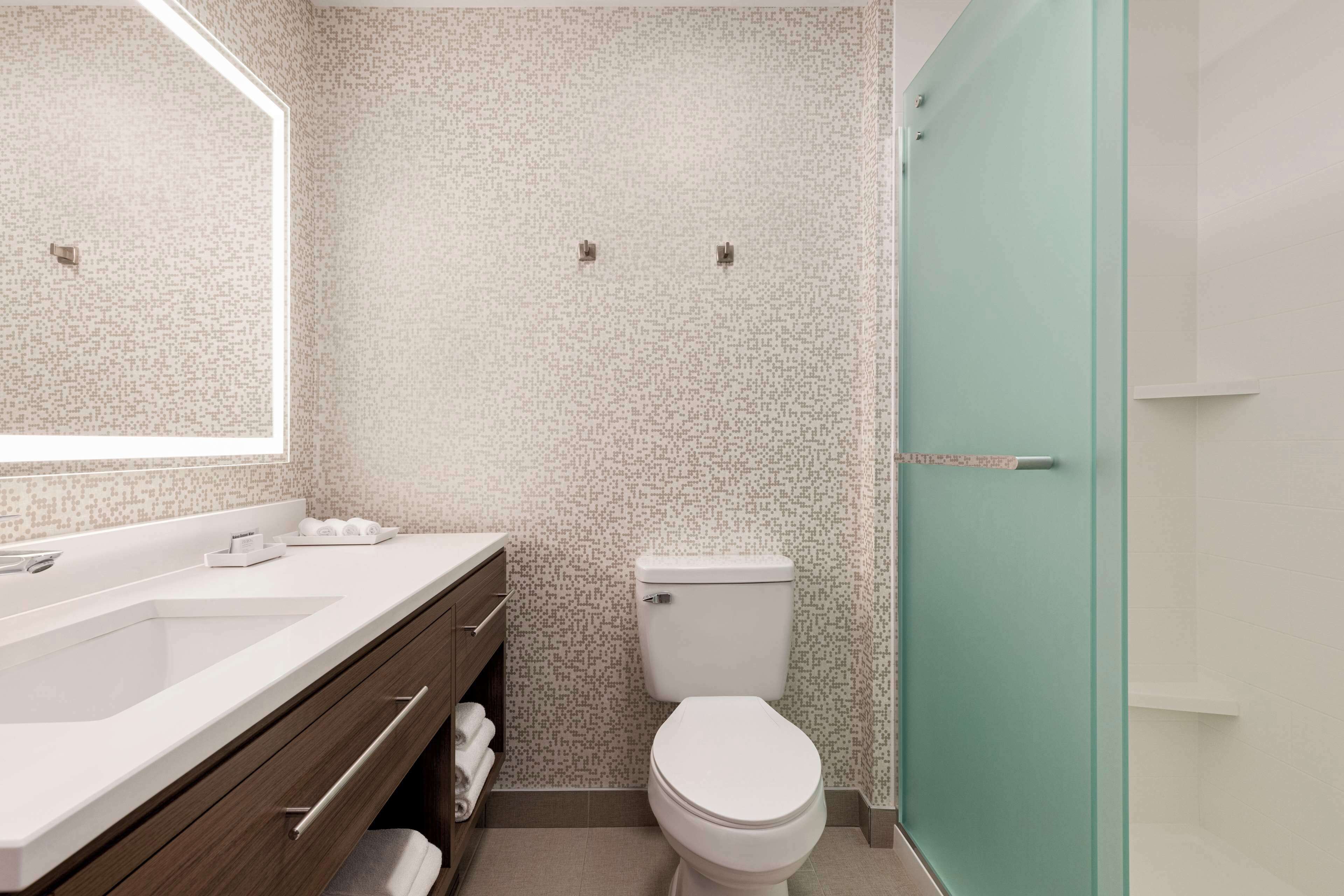 A bathroom with a white sink, a toilet, and a glass shower door.