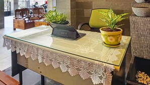 Uma mesa com um laptop, uma planta em vaso e um jogo americano decorativo.