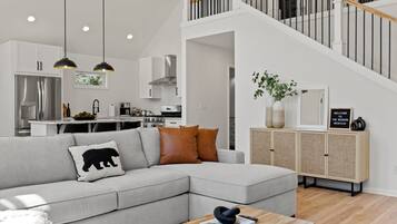 Smart TV, fireplace, books, offices