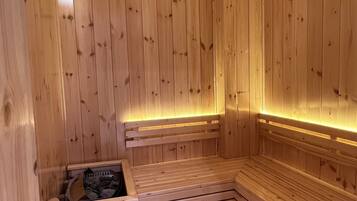 A wooden sauna with benches and a bench seat.