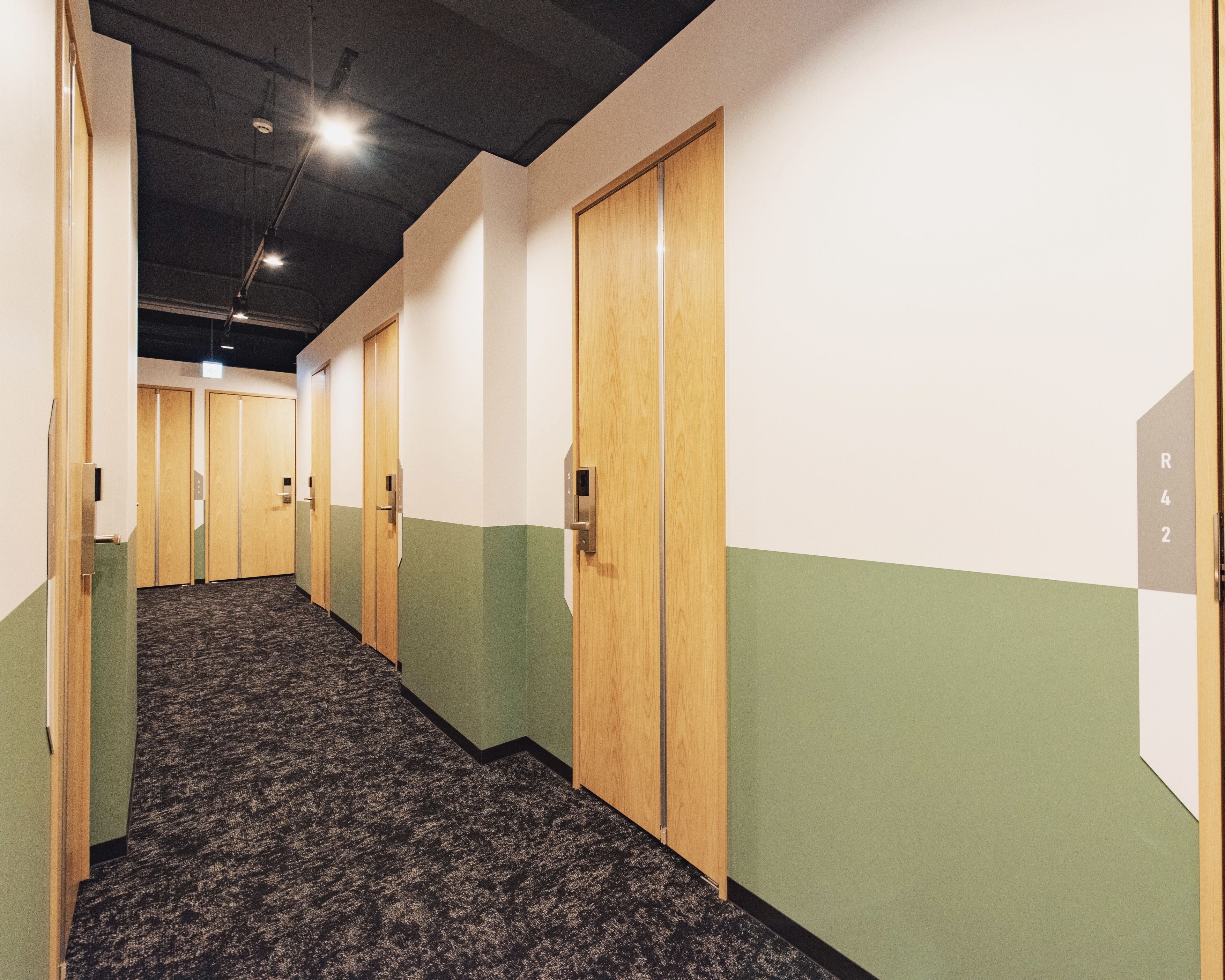 A hallway with wooden doors, green walls, and carpeted flooring.