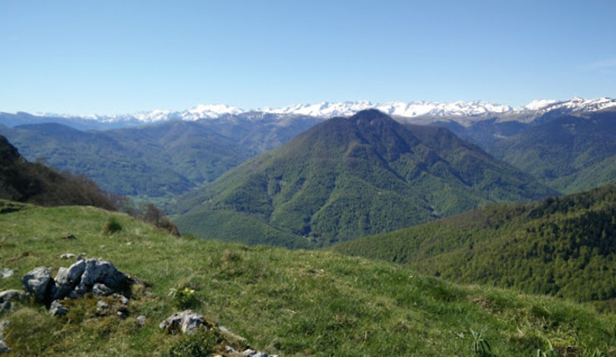 A mountainous landscape with green valleys and snow-capped peaks in the distance.