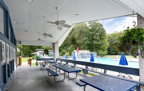 Un espace extérieur abrité avec des tables de pique-nique, une piscine et des parasols.