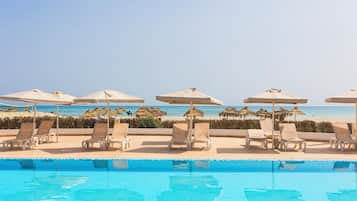 Indoor pool, outdoor pool, open 10:00 AM to 6:00 PM, pool umbrellas