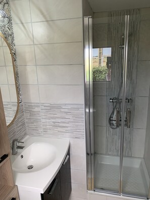 Shower, hair dryer, toilet paper