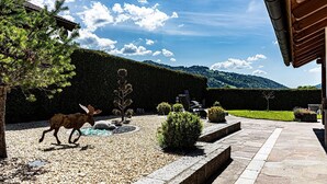 Ein angelegter Außenbereich mit Kiesweg, kleinem Pool und Sitzgelegenheit mit Stühlen.