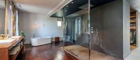 Shower, hair dryer, soap