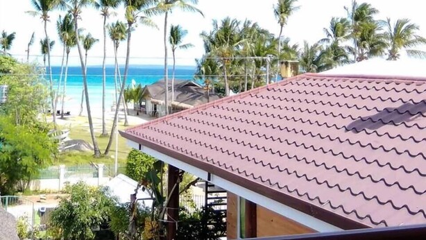 Vista costeira com palmeiras e uma praia.
