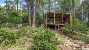 A wooden cabin with a staircase leading to a deck, surrounded by dense forest.