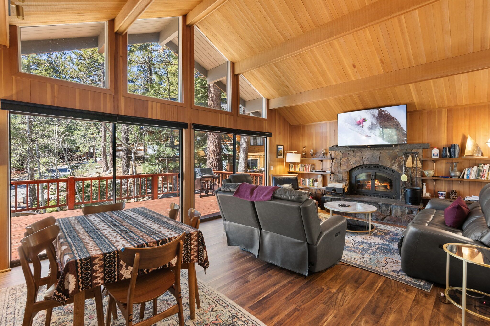 Smart TV, fireplace, DVD player, books