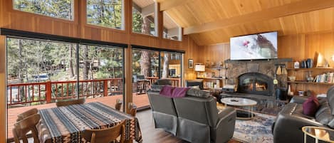 TV connectée, cheminée, lecteur de DVD, livres