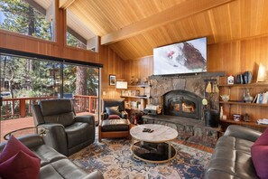 Smart TV, fireplace, DVD player, books