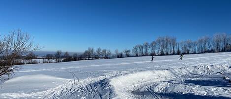 Paisaje nevado con cielo despejado y algunas personas esquiando.