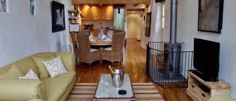 Smart TV, fireplace, books