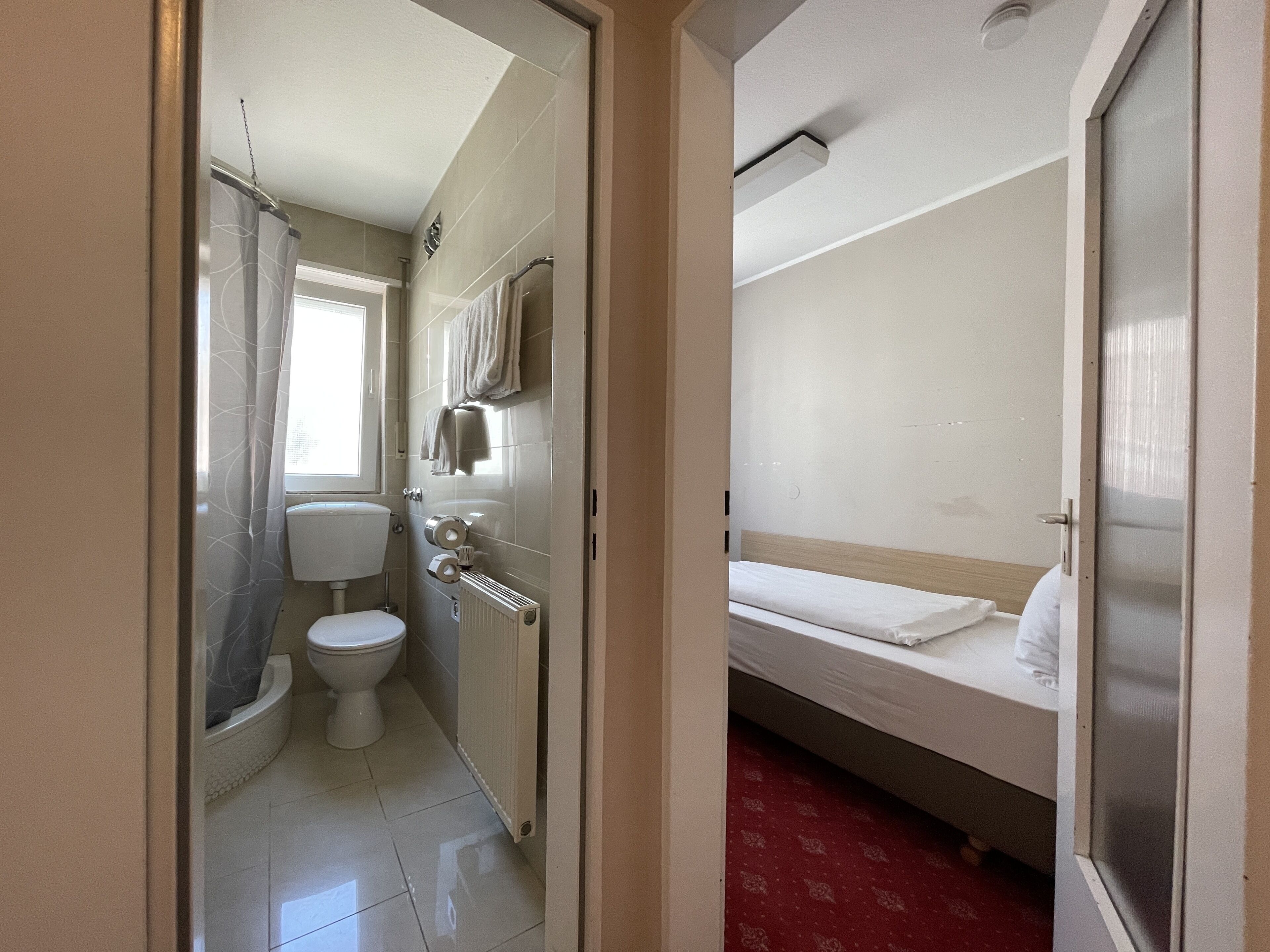 Un baño compacto con inodoro, zona de ducha y cama con alfombra roja estampada.