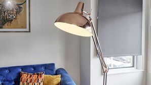 Habitació amb un sofà blau, una obra d'art emmarcada i una làmpada de peu.
