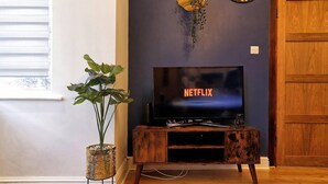 A living room with a television displaying 'NETFLIX', a potted plant, and a wooden cabinet.