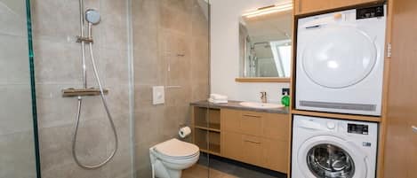 Shower, hair dryer, bidet, towels