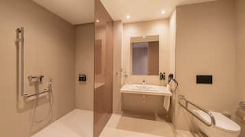 Combined shower/tub, designer toiletries, hair dryer, bathrobes