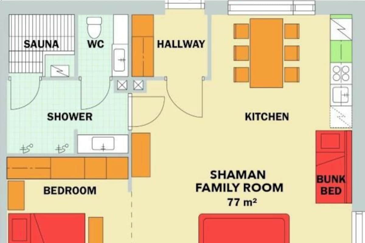 A floor plan of a Shaman family room with a sauna, WC, shower, kitchen, and a bunk bed.