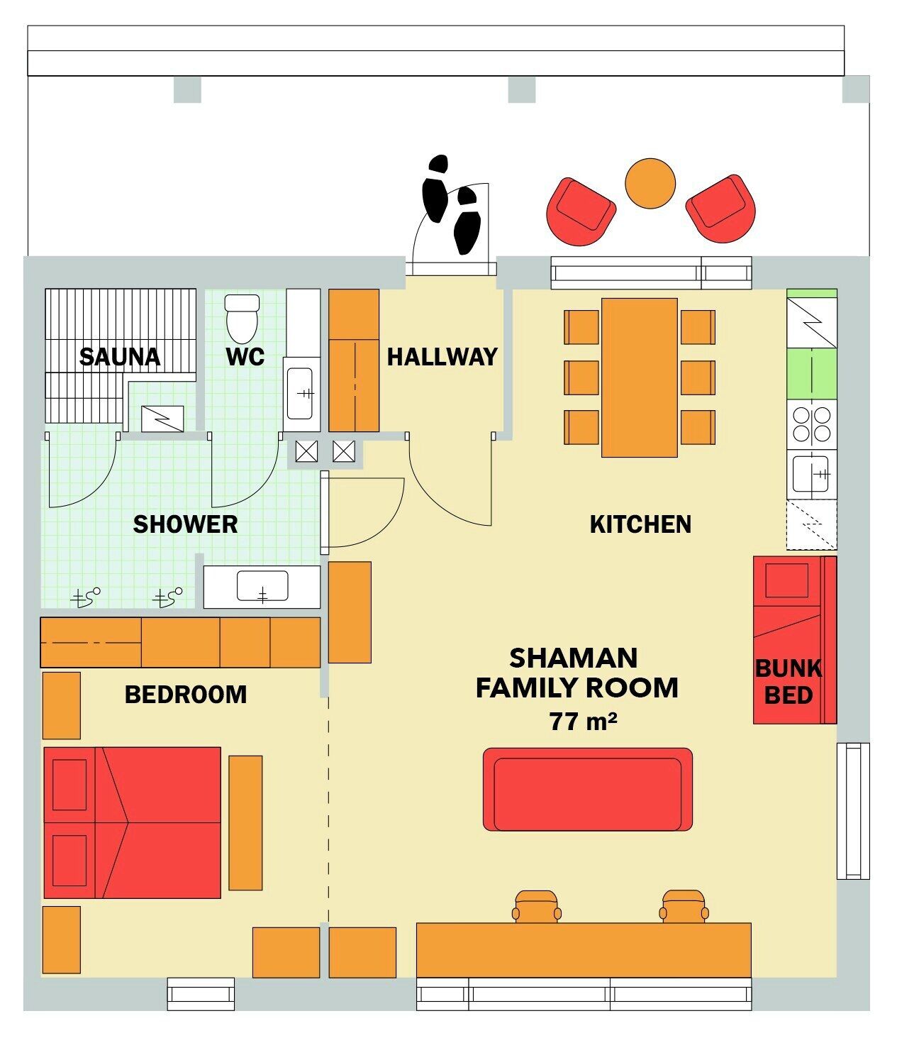 A floor plan of a house with a sauna, WC, shower, bedroom, kitchen, family room, and a bunk bed.