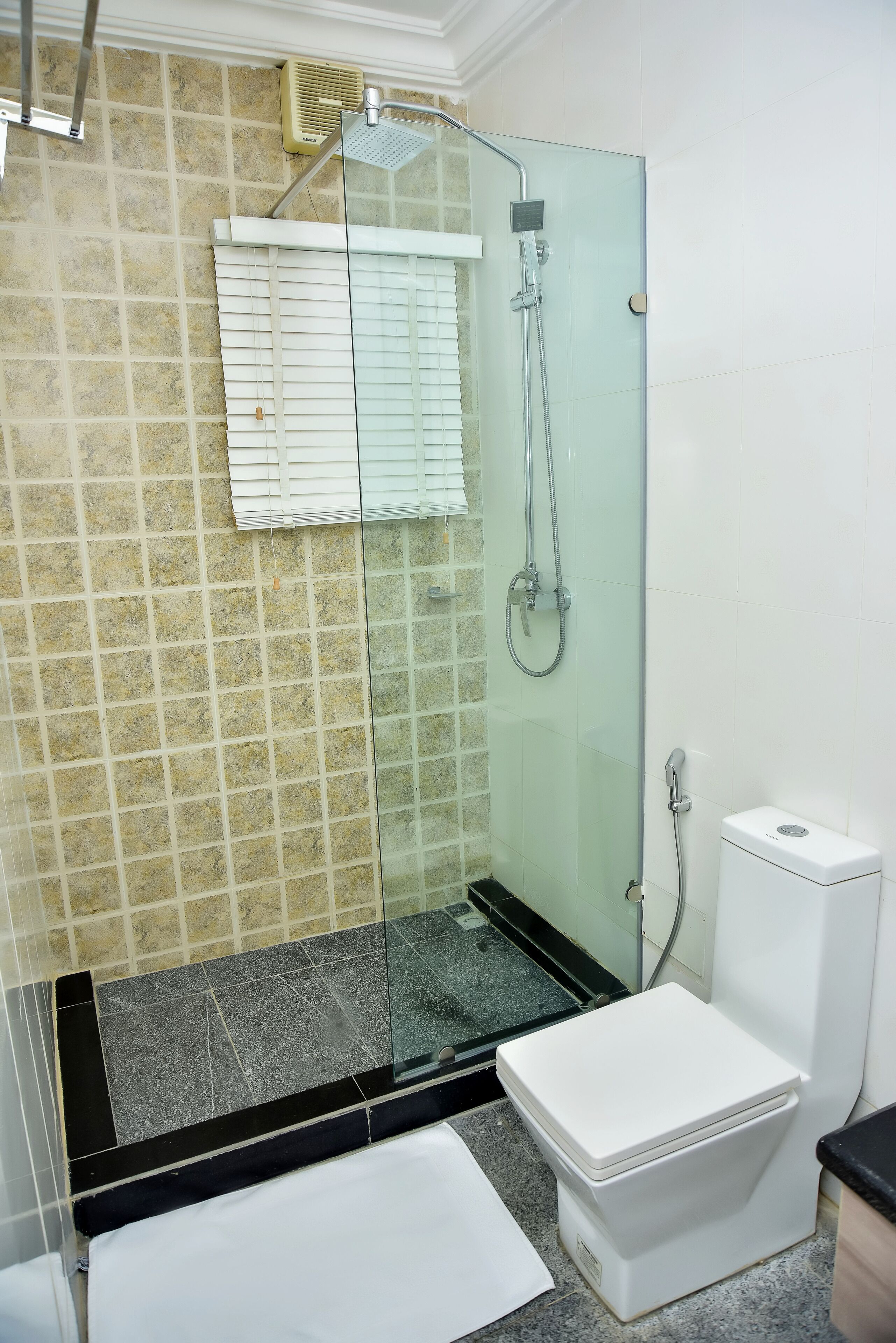 A bathroom with a glass-enclosed shower, a white toilet, and a tiled wall.