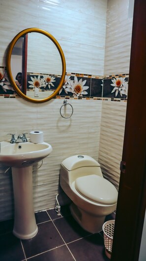 A bathroom with a sink, toilet, and a mirror. - Casa del bosque  (Cali)