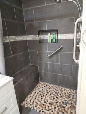 Combined shower/tub, hair dryer, towels, soap