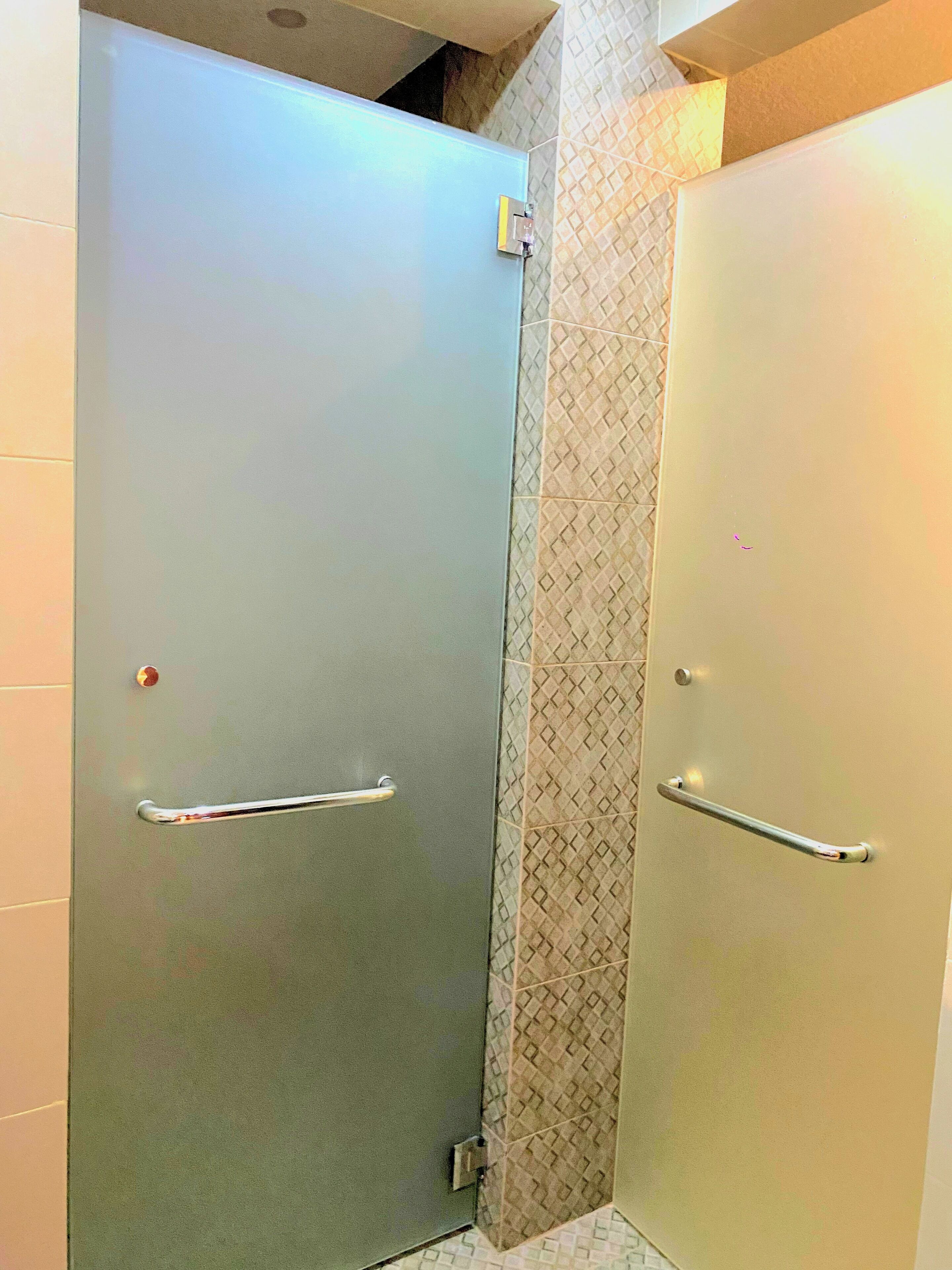 A bathroom with two doors, one with a handle and the other with a push bar, and a tiled wall with a diamond pattern.
