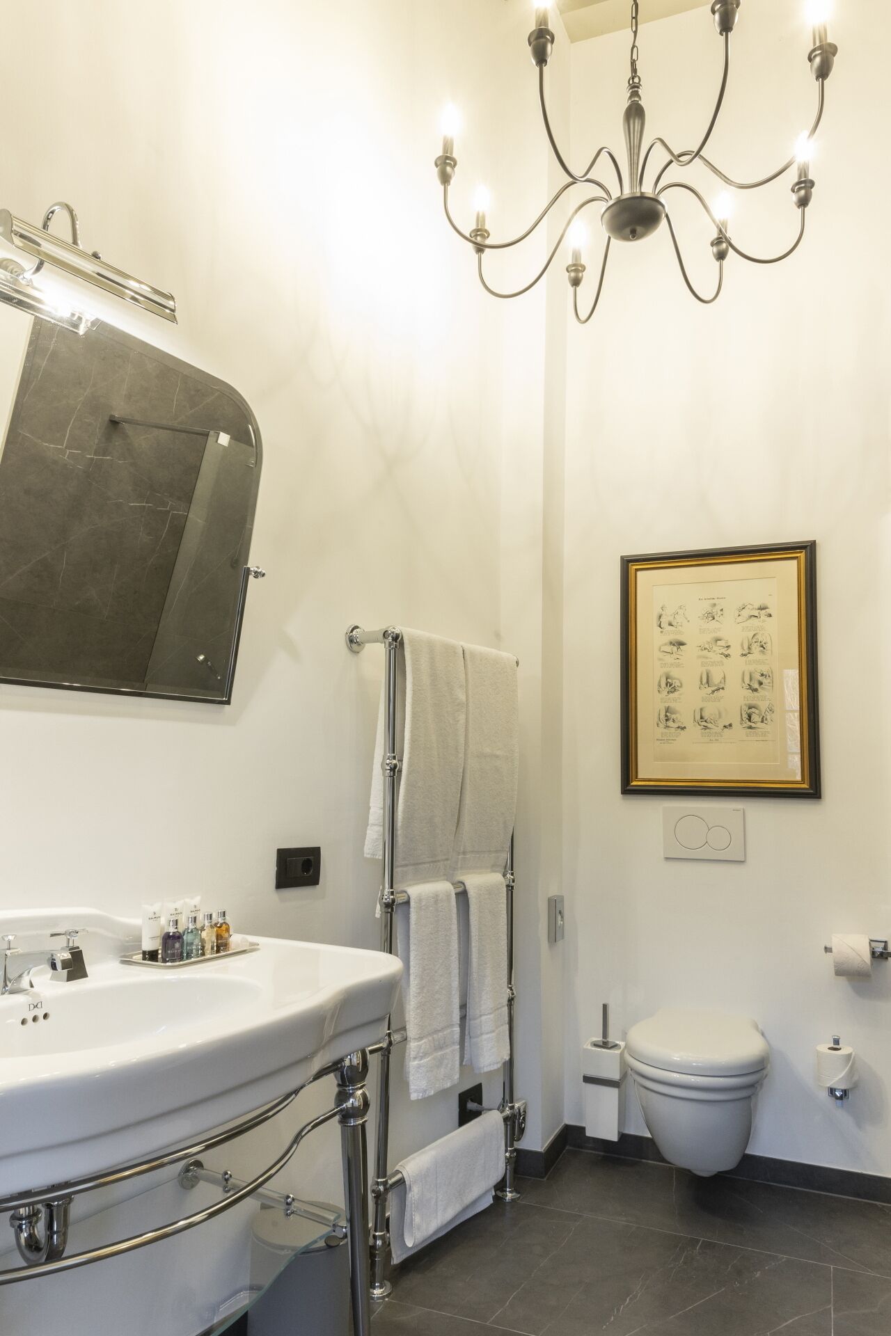 A modern bathroom with a large vanity, a chandelier, a framed artwork, and a toilet.