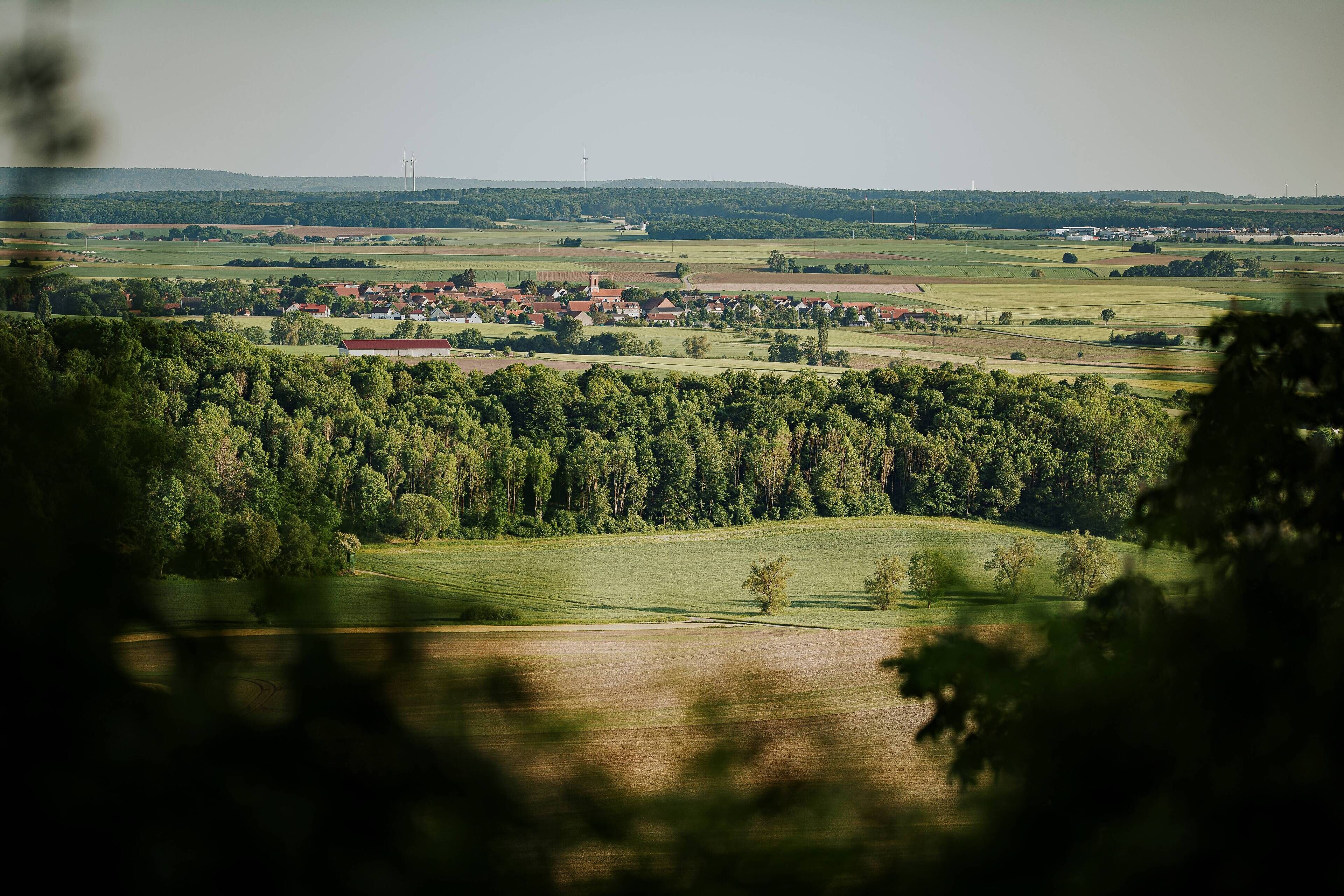 Un paisaje rural con un pueblo, campos y una zona boscosa.