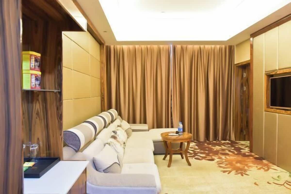 Une chambre d’hôtel avec un canapé, une petite table et un rideau servant de décor.