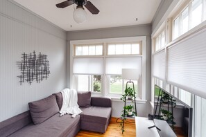 Smart TV, fireplace, books, stereo