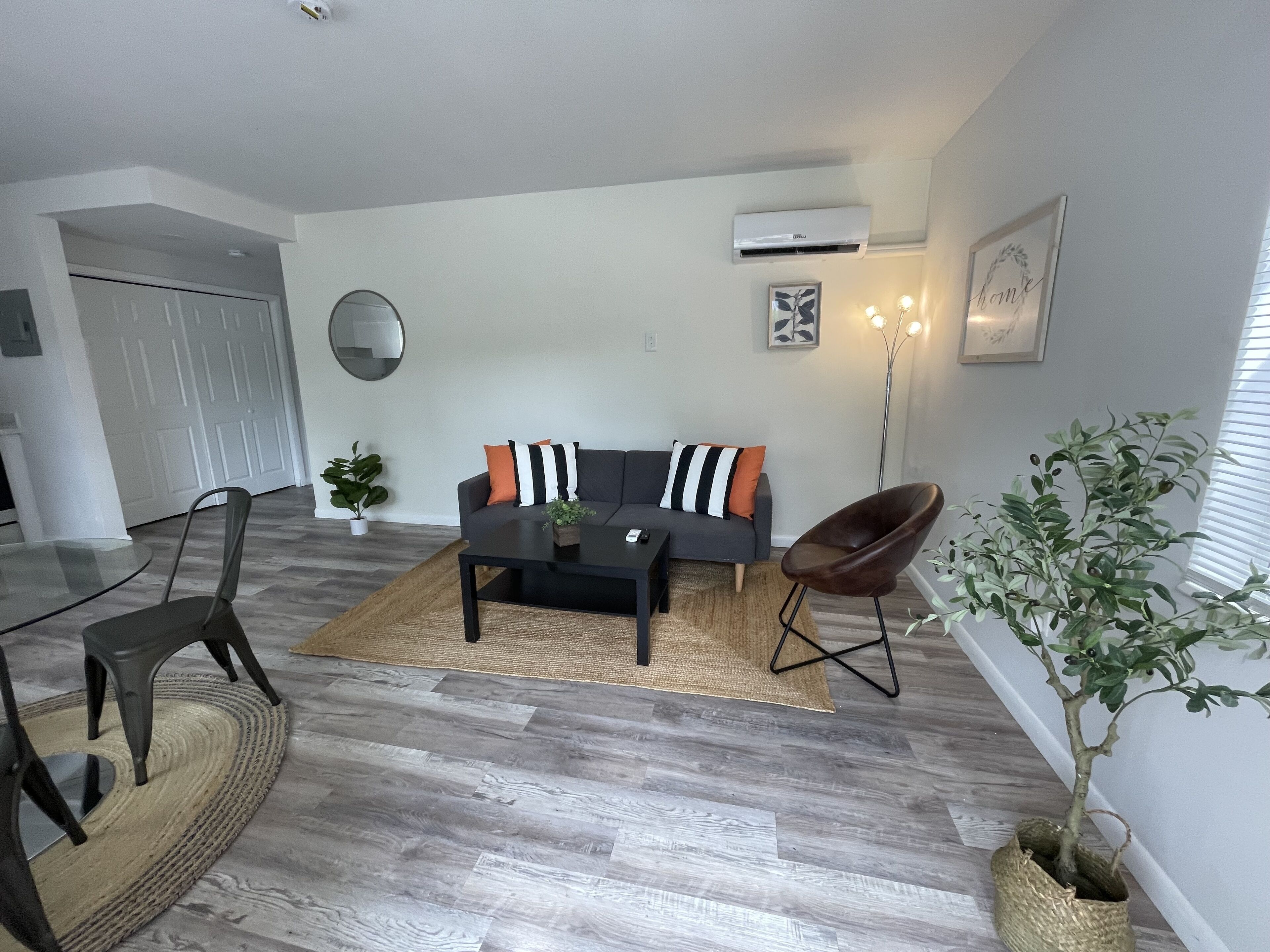 A modern living room with a sofa, coffee table, and a potted plant.