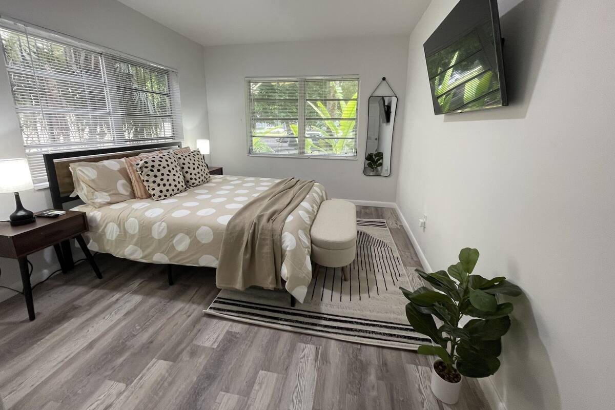 A bedroom with a bed, bedside table, lamp, windows, and a potted plant.