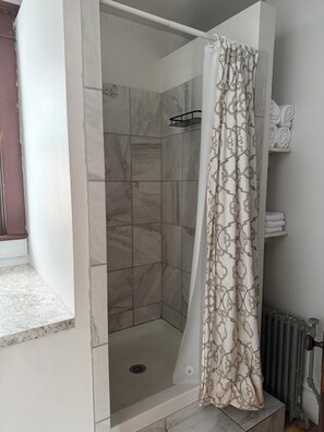 Douche, séchoir à cheveux, serviettes fournies, papier de toilette