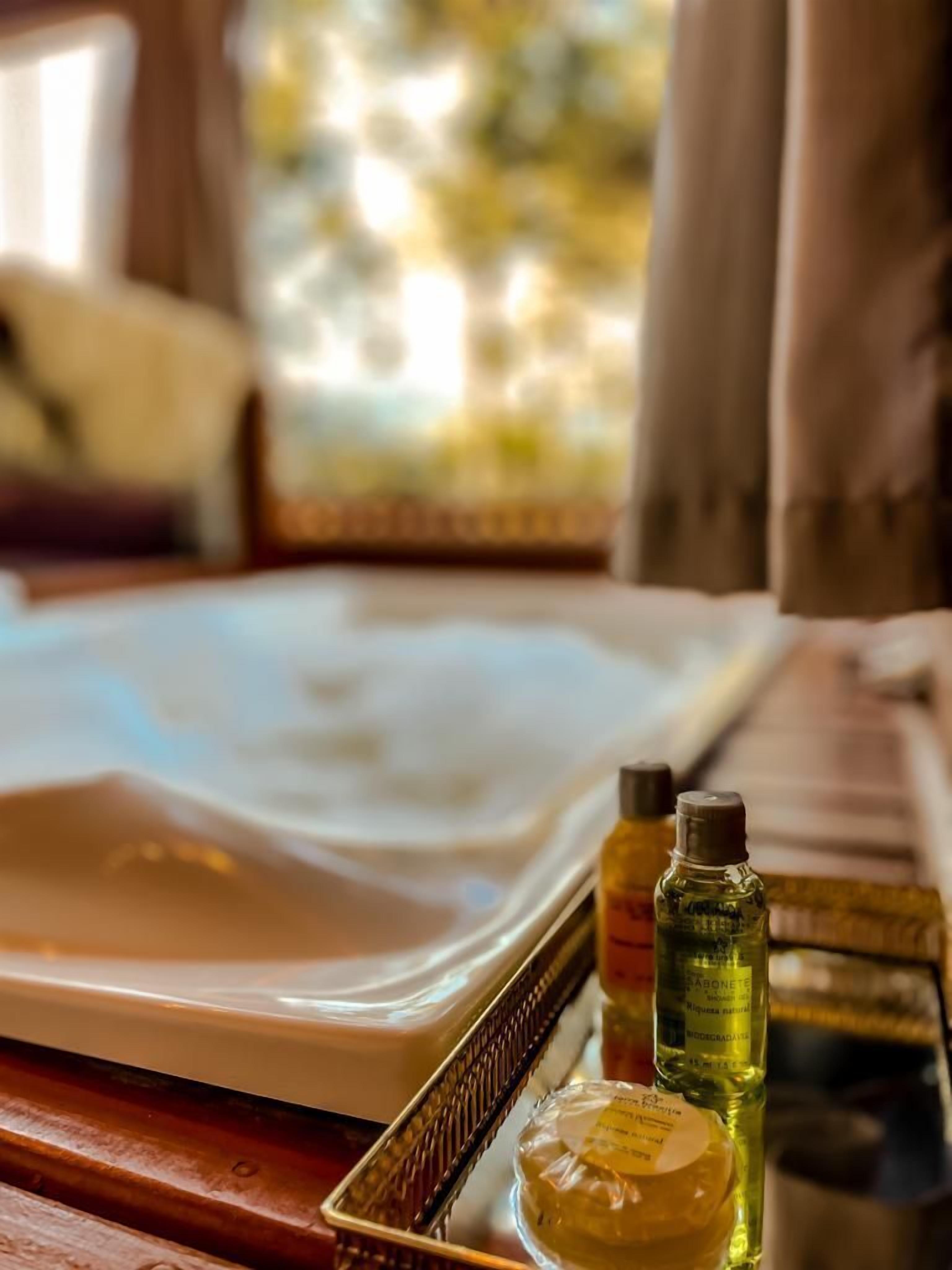A tray with a white plate, two bottles of liquid, and a bar of soap on a wooden surface.