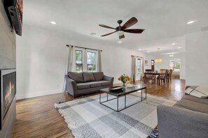 Smart TV, fireplace, books