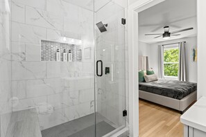 Hair dryer, towels, soap, shampoo