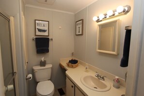 Hair dryer, towels, soap, toilet paper