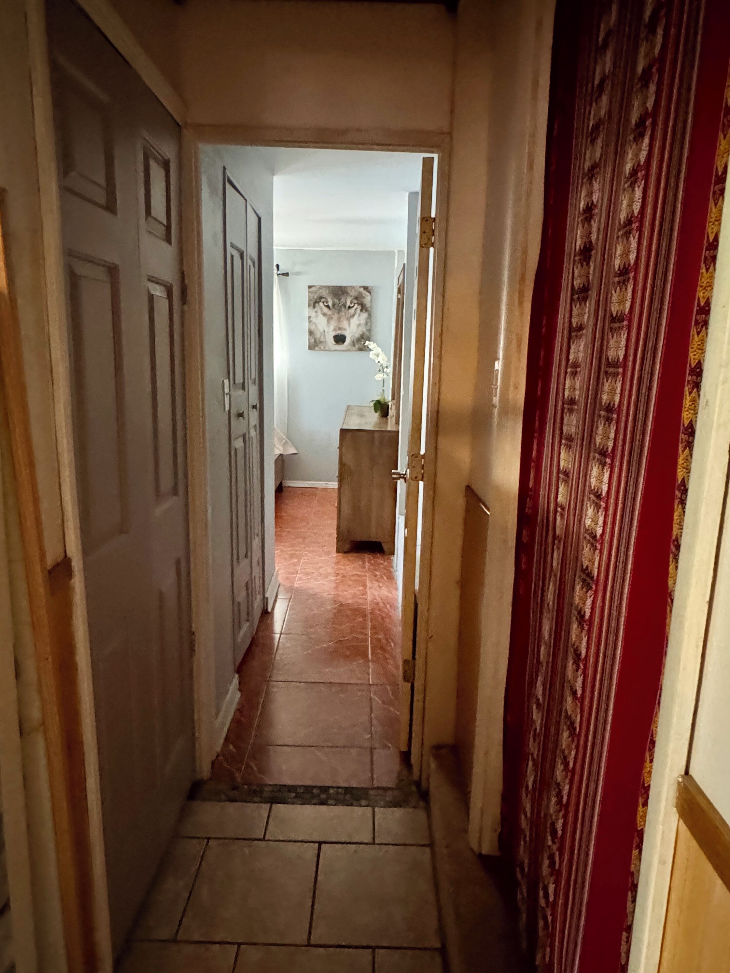 Passadís estret amb un paviment de rajoles que condueix a una habitació amb un armari de fusta i un quadre penjat a la paret.