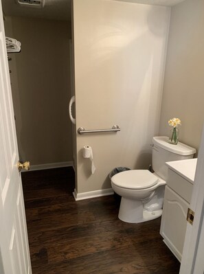 Shower, towels, soap, toilet paper