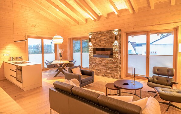 Smart TV, fireplace, books