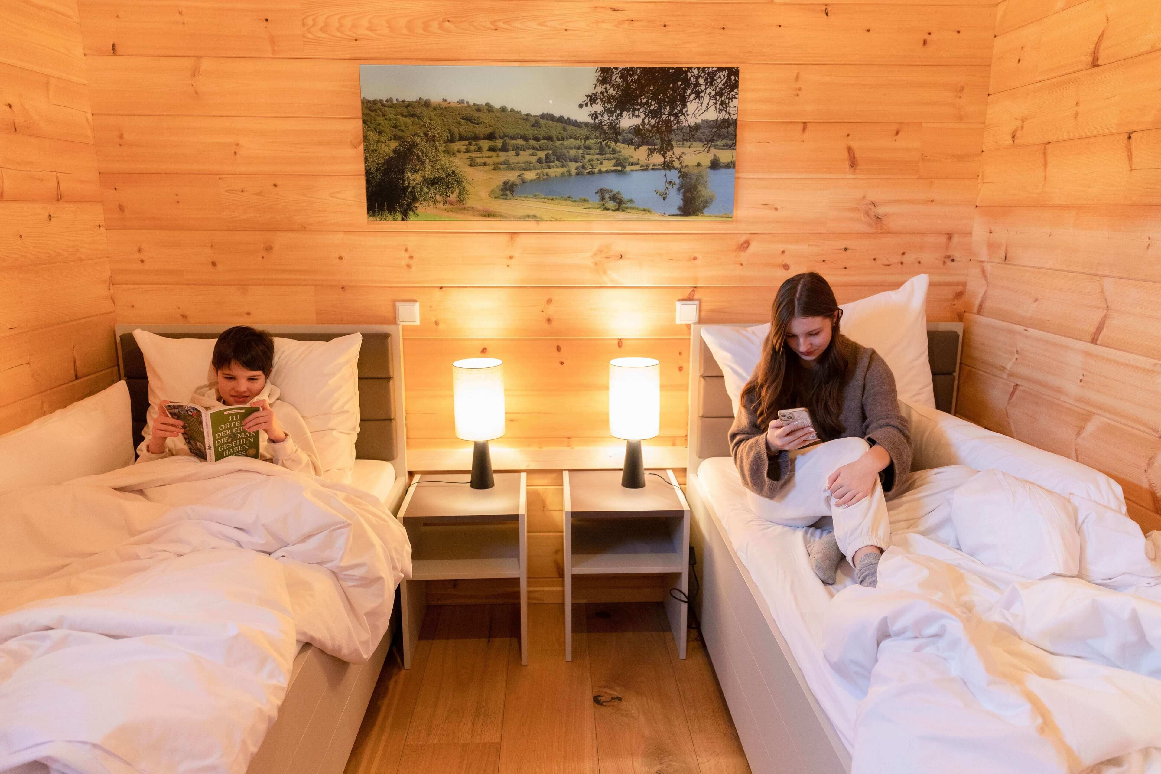 A cozy cabin room with two beds, wooden walls, a painting of a landscape, and bedside lamps.