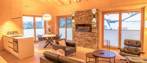 Smart TV, fireplace, books