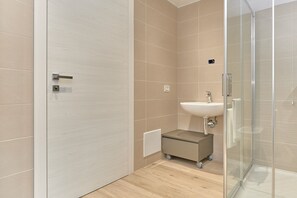 Shower, hair dryer, bidet, towels