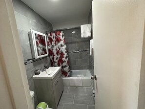 Hair dryer, towels, toilet paper