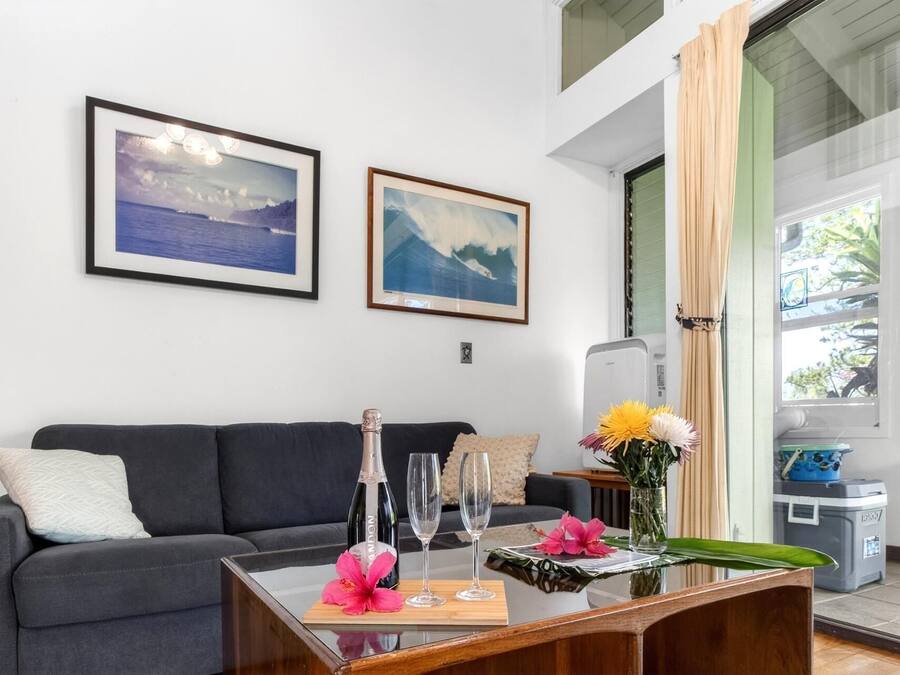 A living room with a dark grey sofa, two framed landscape paintings, a glass table with a bottle, two glasses, and a vase with flowers.